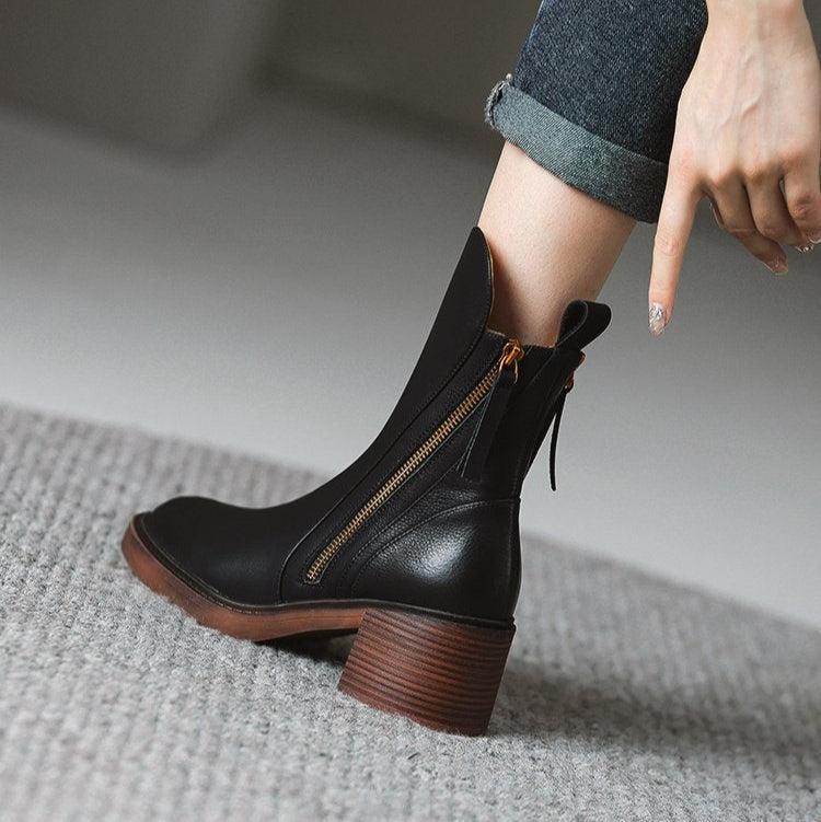 Women’s Leather-Look Ankle Boots with Block Heel and Side Zip