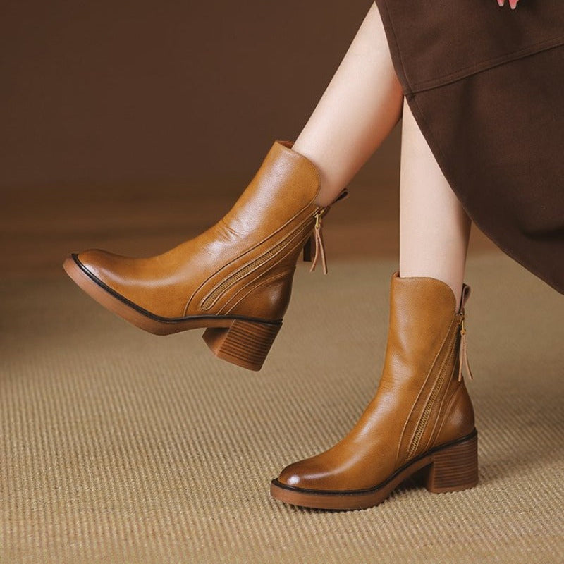 Women’s Leather-Look Ankle Boots with Block Heel and Side Zip