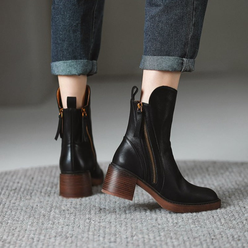 Women’s Leather-Look Ankle Boots with Block Heel and Side Zip