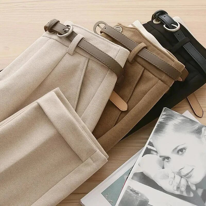 Women's Cotton Tailored Trousers with Belt for Autumn