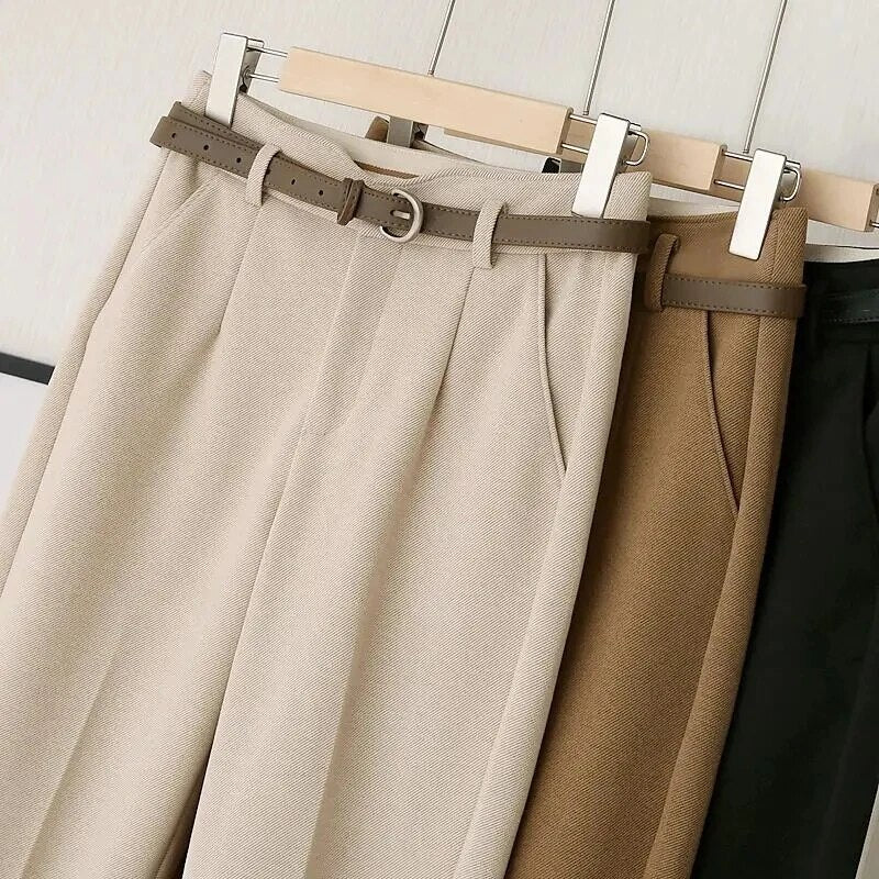 Women's Cotton Tailored Trousers with Belt for Autumn