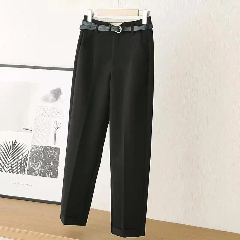 Women's Cotton Tailored Trousers with Belt for Autumn