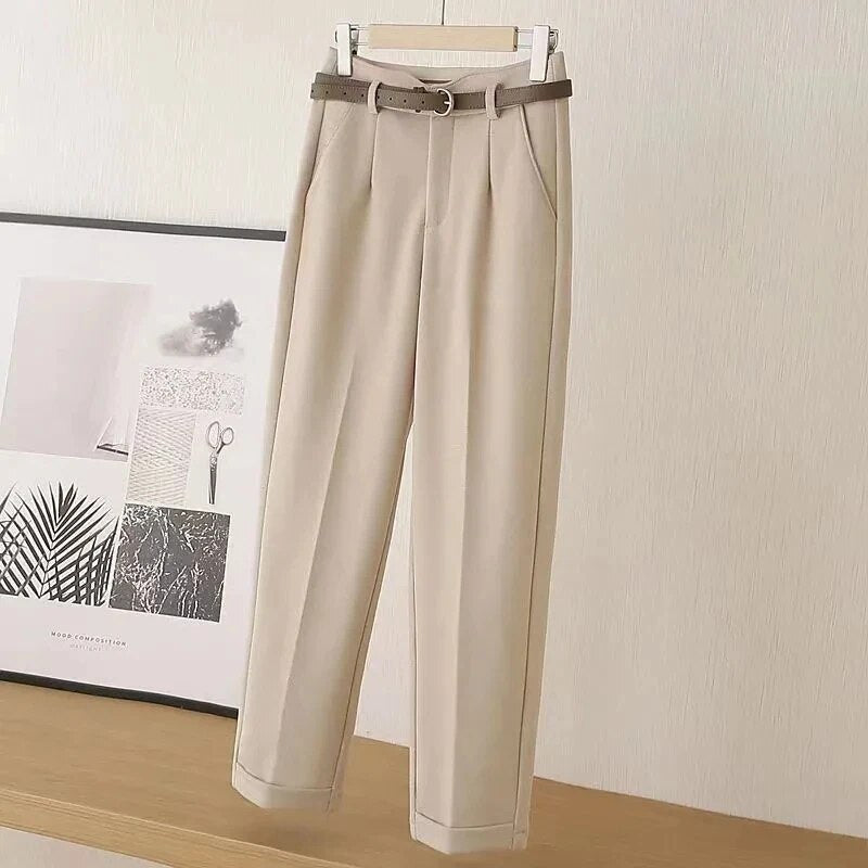 Women's Cotton Tailored Trousers with Belt for Autumn