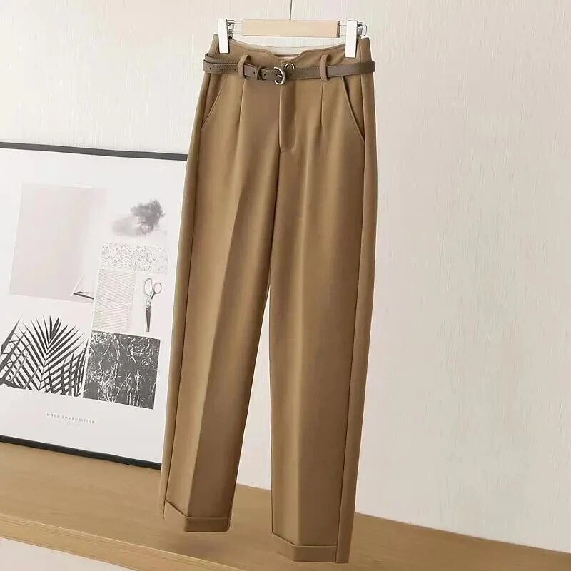 Women's Cotton Tailored Trousers with Belt for Autumn