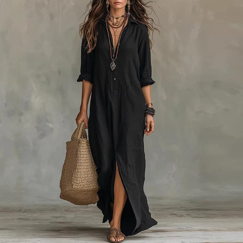 Women's Cotton Linen Shirt Maxi Dress for Autumn