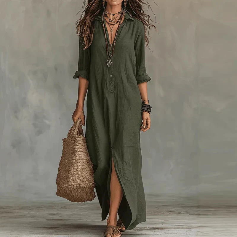 Women's Cotton Linen Shirt Maxi Dress for Autumn