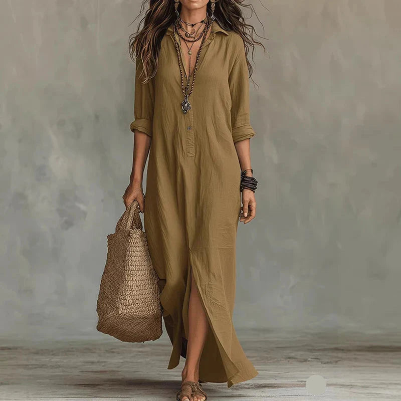 linen autumn casual maxi dress DMOYALA Linen Dresses for Women Summer Fall Casual Long Sleeve Crewneck Maxi Dress Loose Fit Sundresses with Pockets Apricot S at Amazon Women's Clothing store