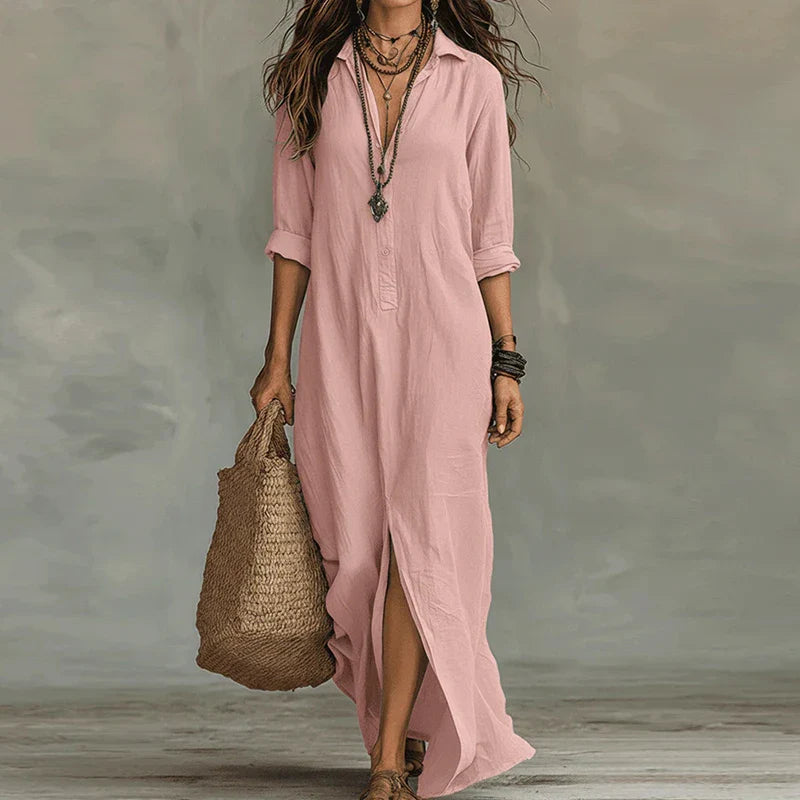 Women's Cotton Linen Shirt Maxi Dress for Autumn