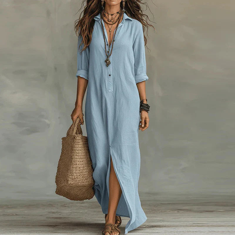 Women's Cotton Linen Shirt Maxi Dress for Autumn