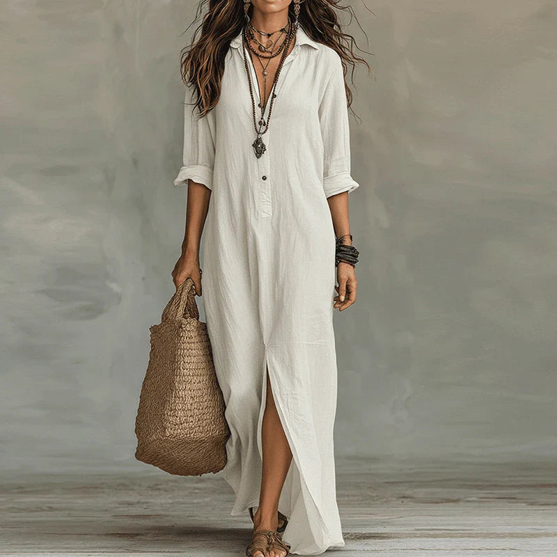 Women's Cotton Linen Shirt Maxi Dress for Autumn