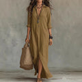 Women's Cotton Linen Shirt Maxi Dress for Autumn