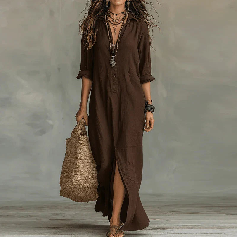 Women's Cotton Linen Shirt Maxi Dress for Autumn