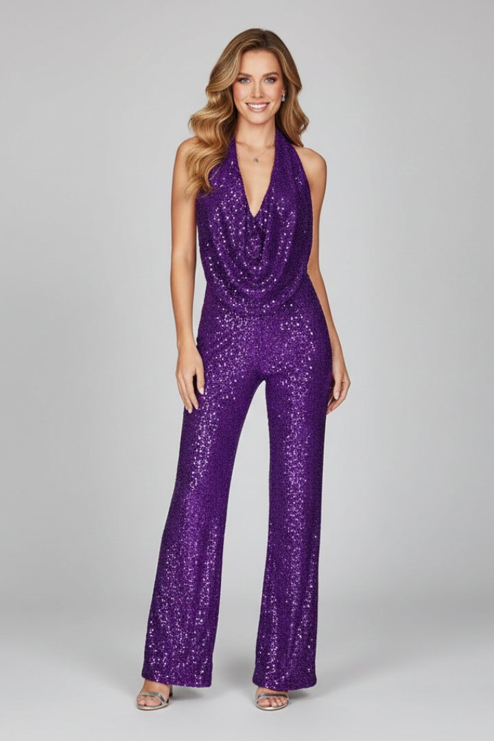Combinaison scintillante à dos nu et jambes larges pour femme