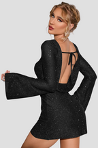 Women's Glitter Party Dress with Open Back & Long Sleeves