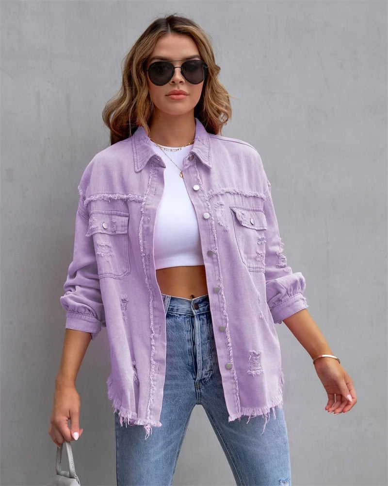 Women's Oversized Denim Jacket | Distressed Pink