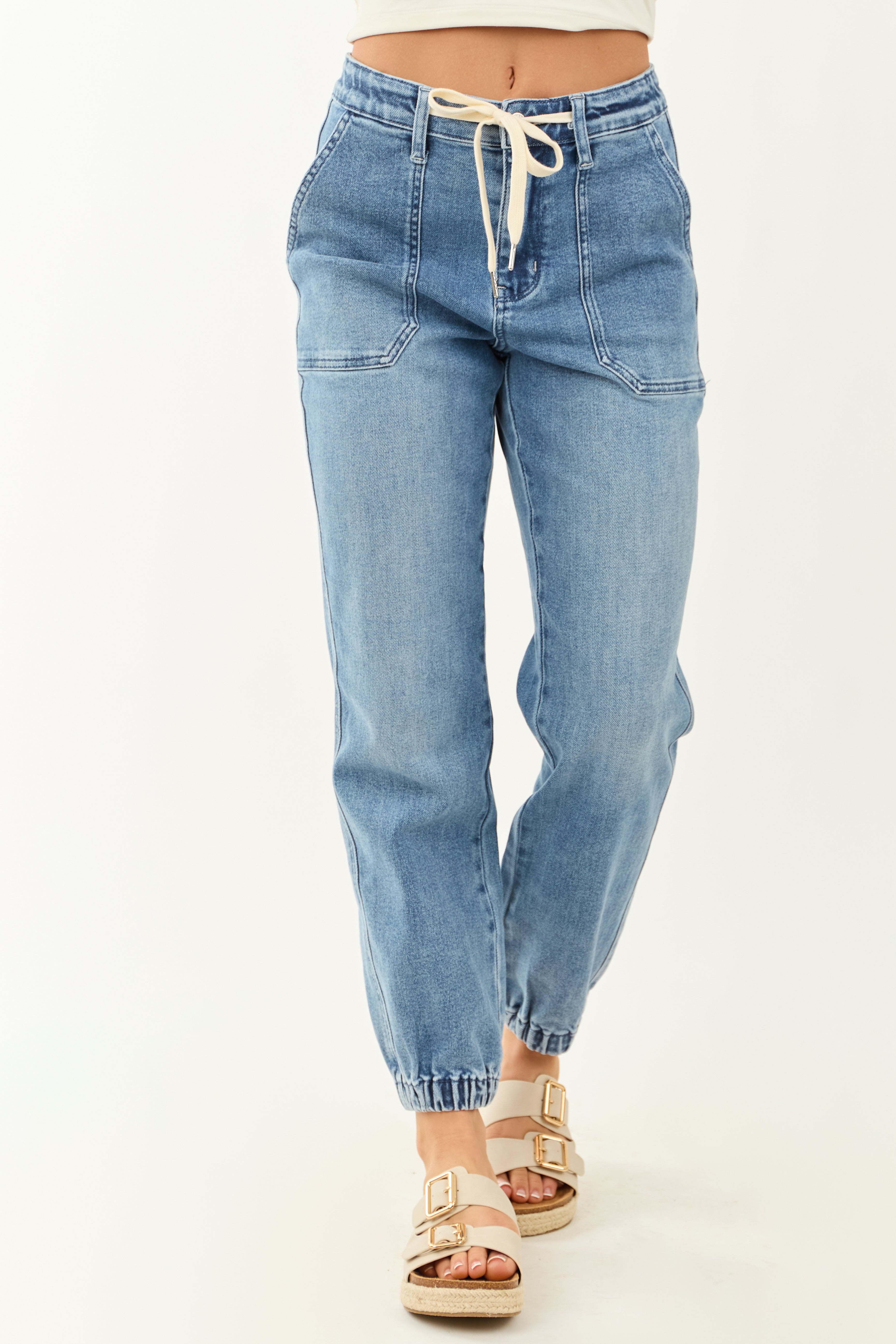 Jean jogger en denim taille haute pour femme avec cordon de serrage