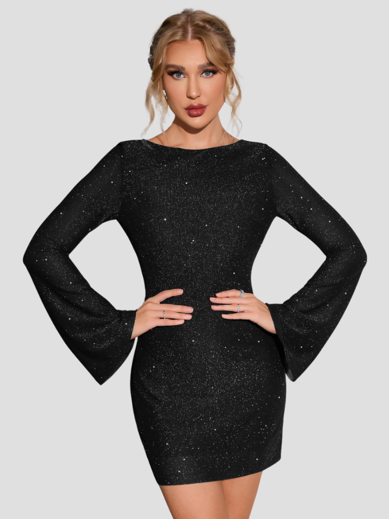 Women's Glitter Party Dress with Open Back & Long Sleeves