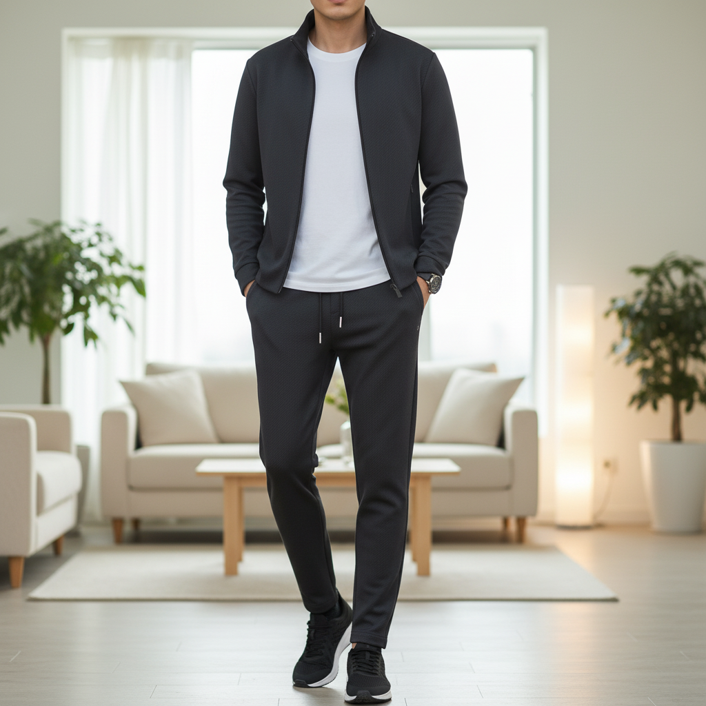Men’s Textured Zip-Up Tracksuit Set with Trousers