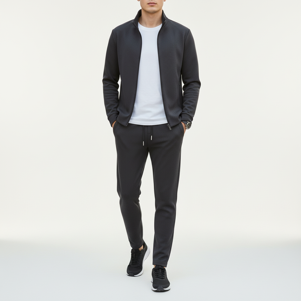 Men’s Textured Zip-Up Tracksuit Set with Trousers