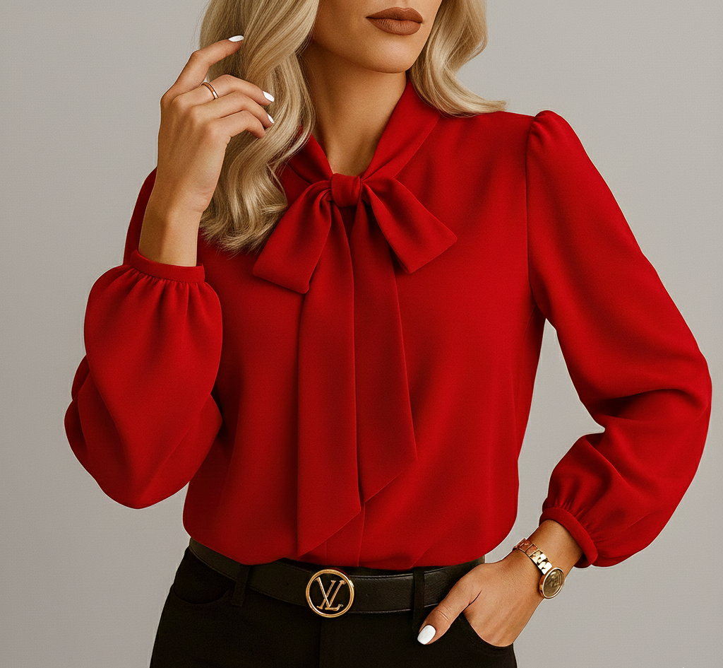 Blouse à manches longues et col à nouer pour femme