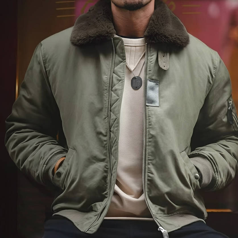 Blouson aviateur coupe-vent pour homme avec col en fourrure