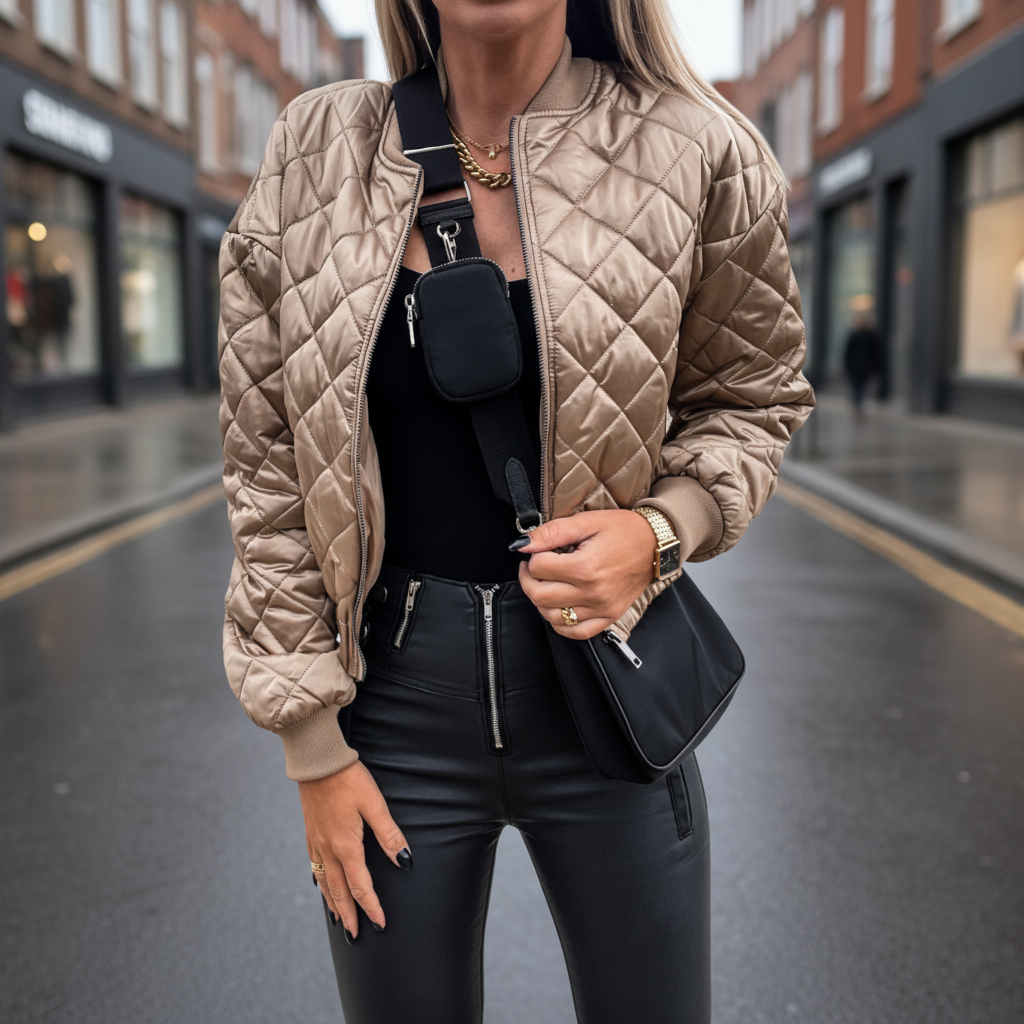 Women’s Quilted Bomber Jacket with Zip Front