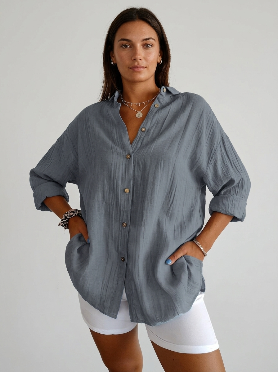Women's Linen Summer Button Shirt Relaxed Fit Long Sleeve Blouse