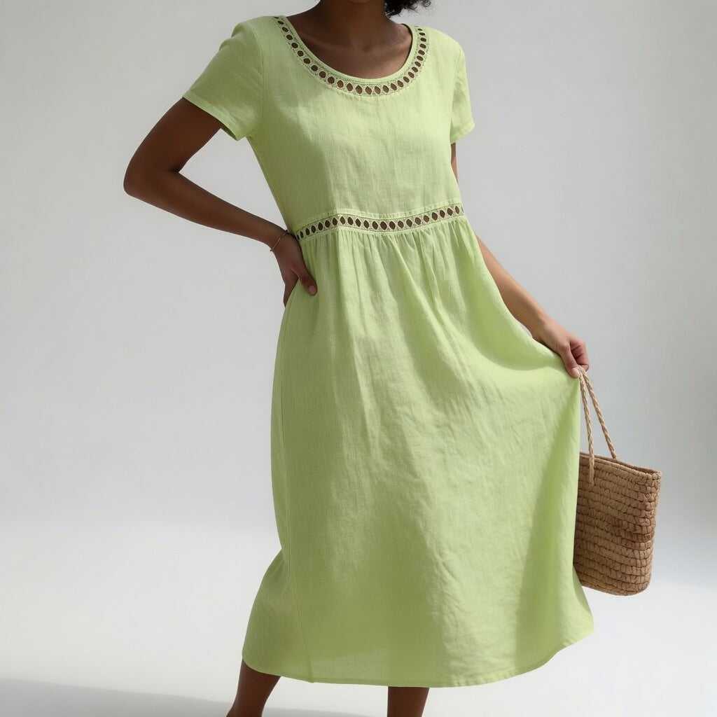 Women's Cotton Blend Midi Dress with Lace Detail for Summer