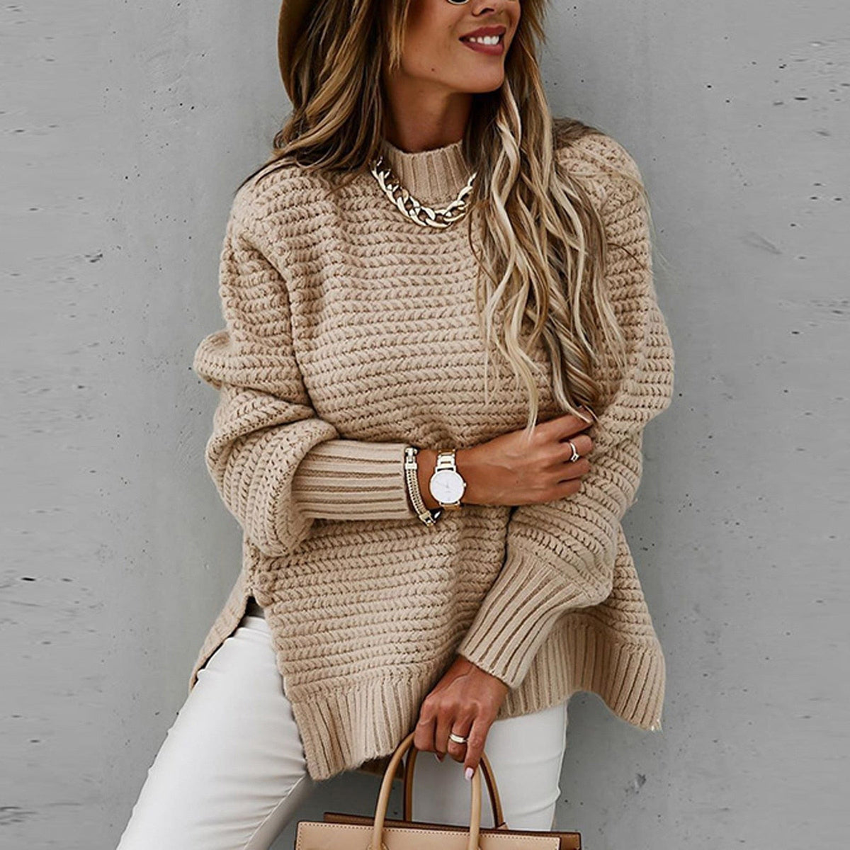 Pull oversize en maille pour femme avec ourlet fendu