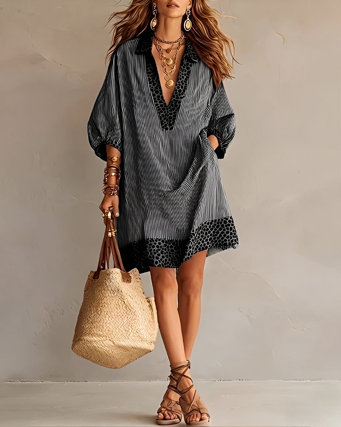 Women's Cotton Blend Striped Shirt Dress with Contrast Trim