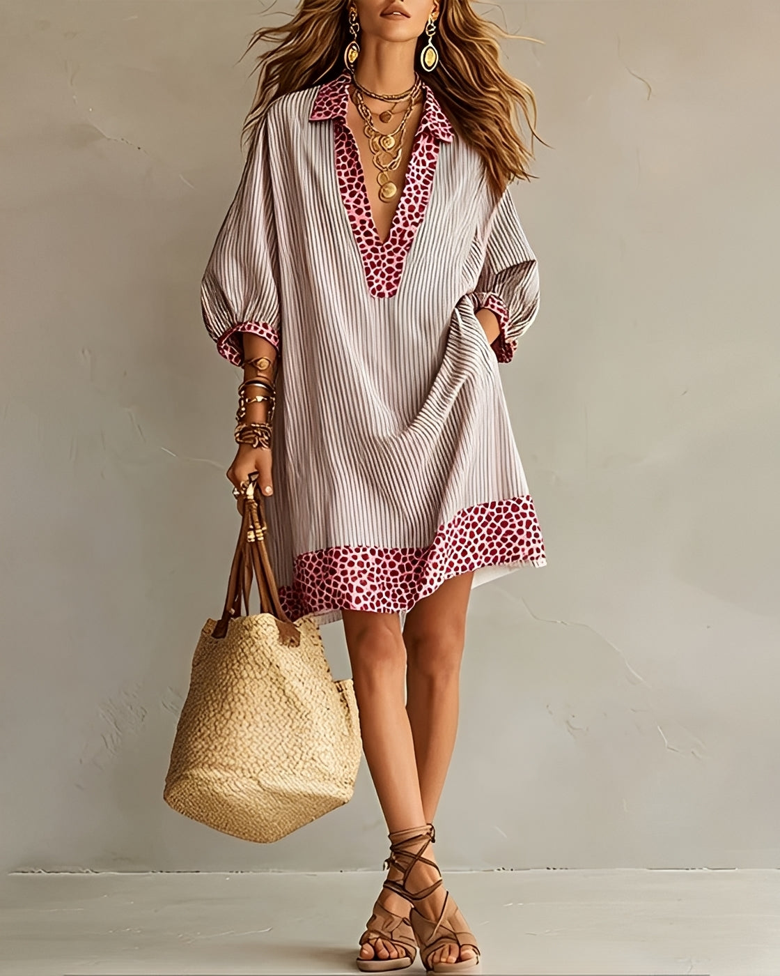 Women's Cotton Blend Striped Shirt Dress with Contrast Trim