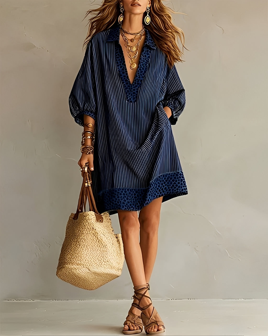 Women's Cotton Blend Striped Shirt Dress with Contrast Trim