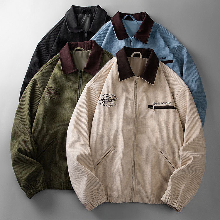 Men's Corduroy Zip-Up Jacket with Collar