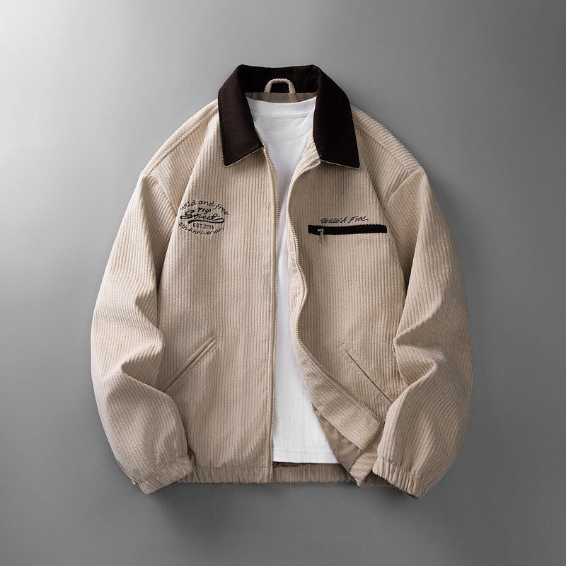 Men's Corduroy Zip-Up Jacket with Collar