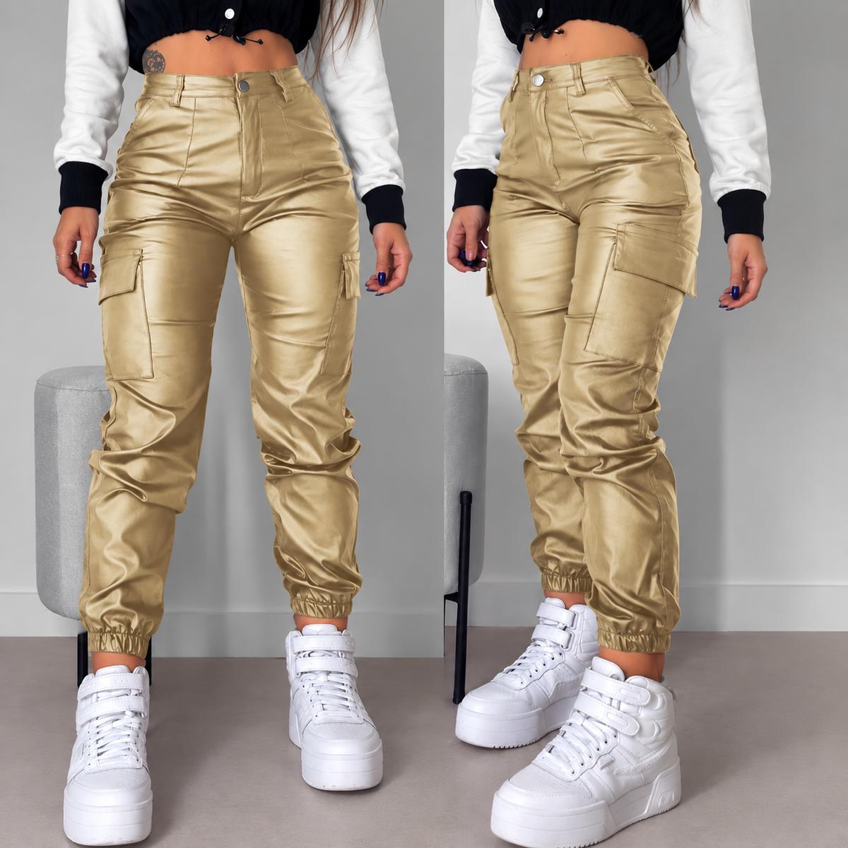 Women's Faux Leather Drawstring Tapered Trousers