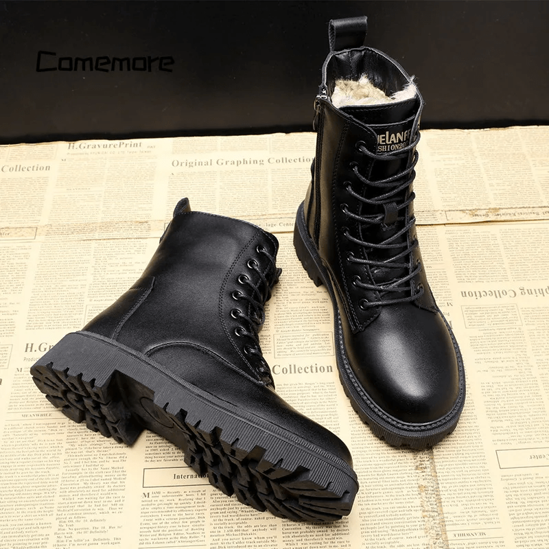 Damskie czarne buty bojowe | ciepłe zimowe buty z ociepleniem