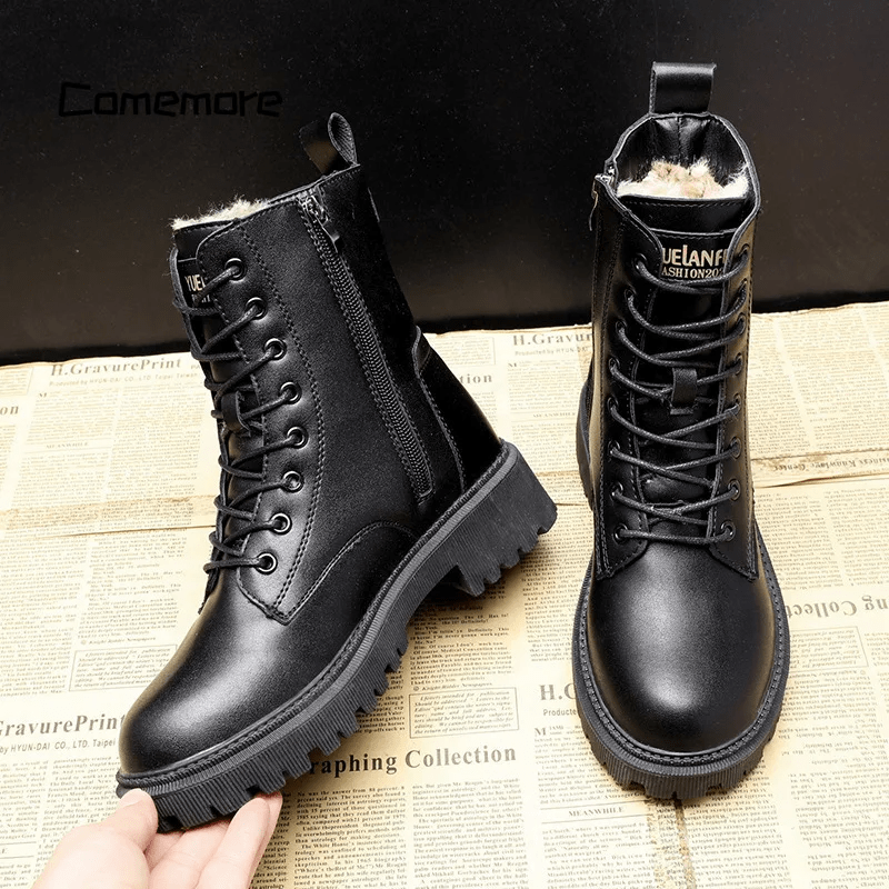 Damskie czarne buty bojowe | ciepłe zimowe buty z ociepleniem