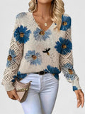Women's Floral V-Neck Open Knit Jumper