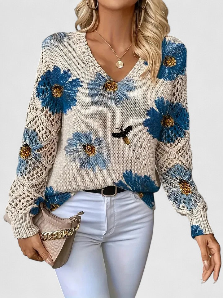 Women's Floral V-Neck Open Knit Jumper