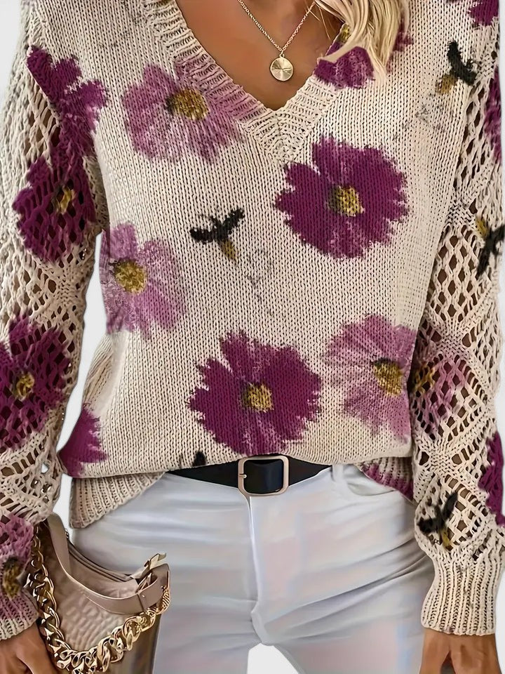 Women's Floral V-Neck Open Knit Jumper