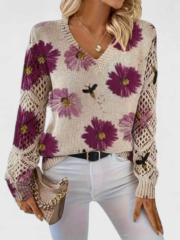 Women's Floral V-Neck Open Knit Jumper