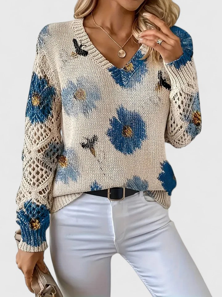 Women's Floral V-Neck Open Knit Jumper