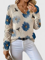Women's Floral V-Neck Open Knit Jumper