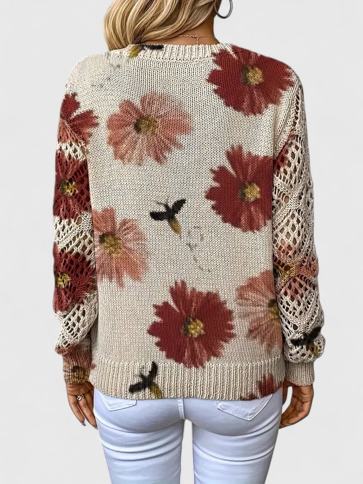 Women's Floral V-Neck Open Knit Jumper