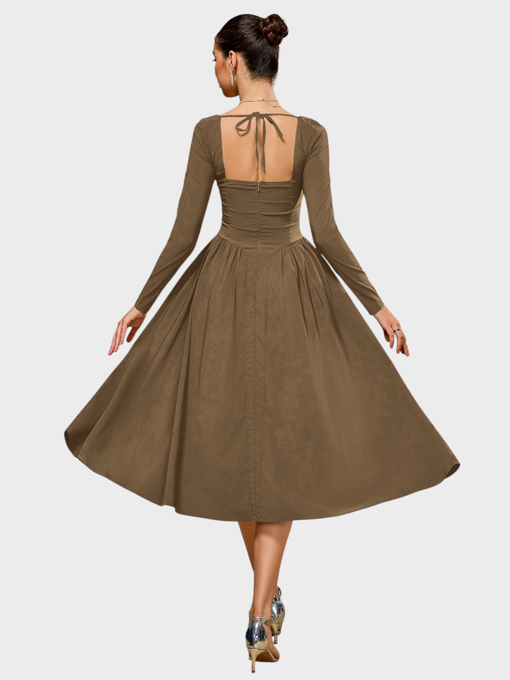 Robe midi trapèze pour femme à manches longues et encolure cœur