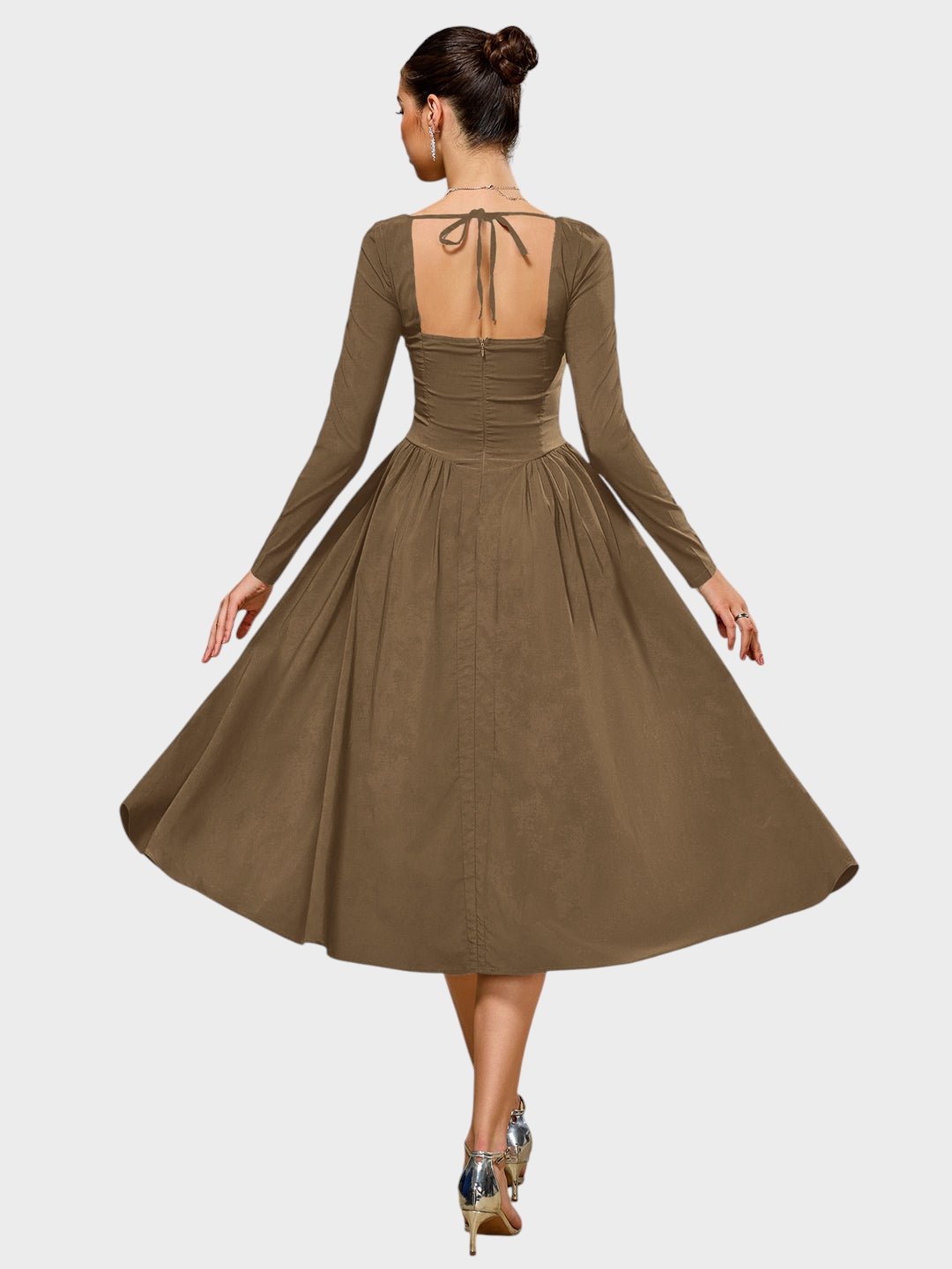 Robe midi trapèze pour femme à manches longues et encolure cœur