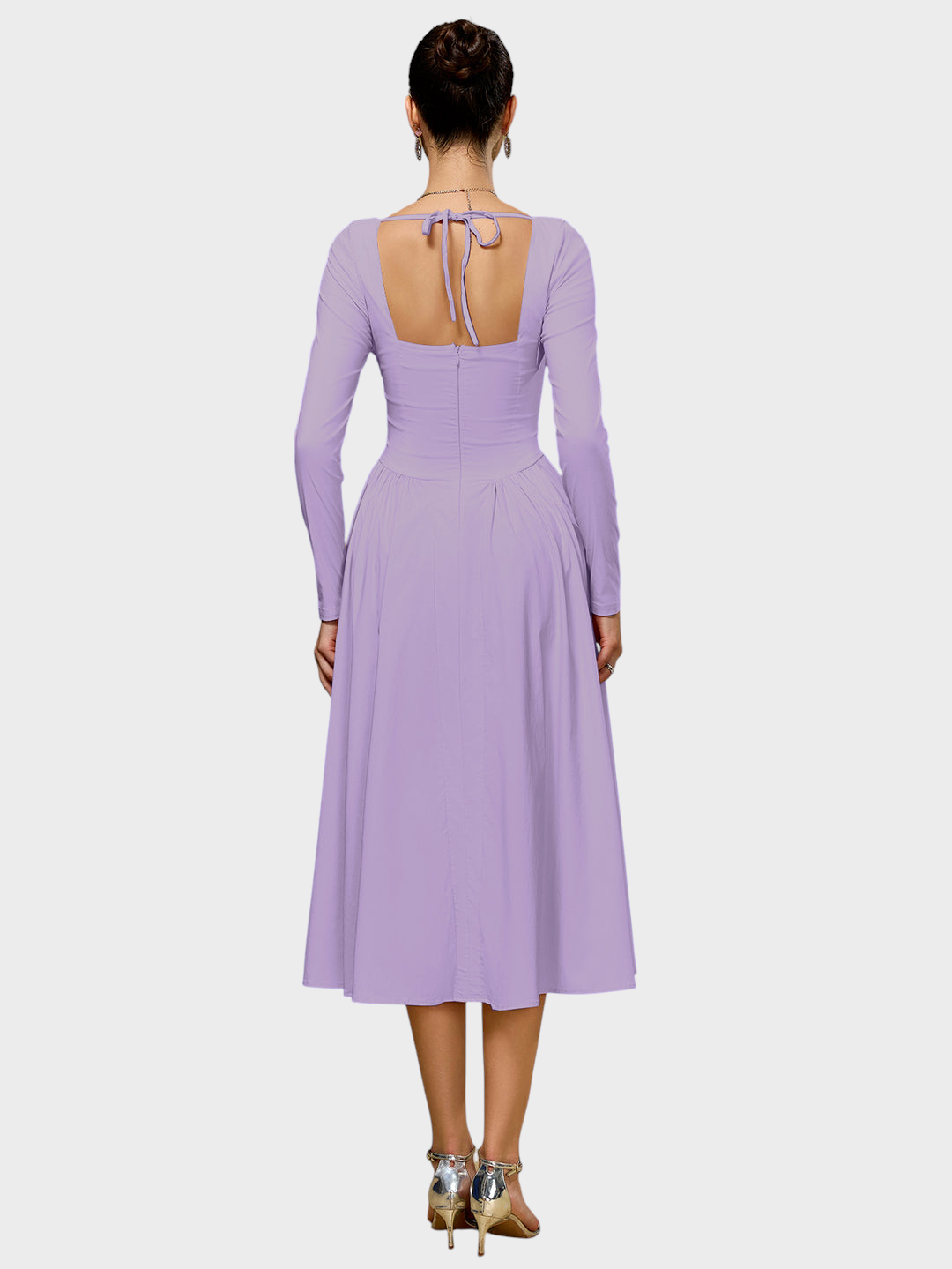 Robe midi trapèze pour femme à manches longues et encolure cœur