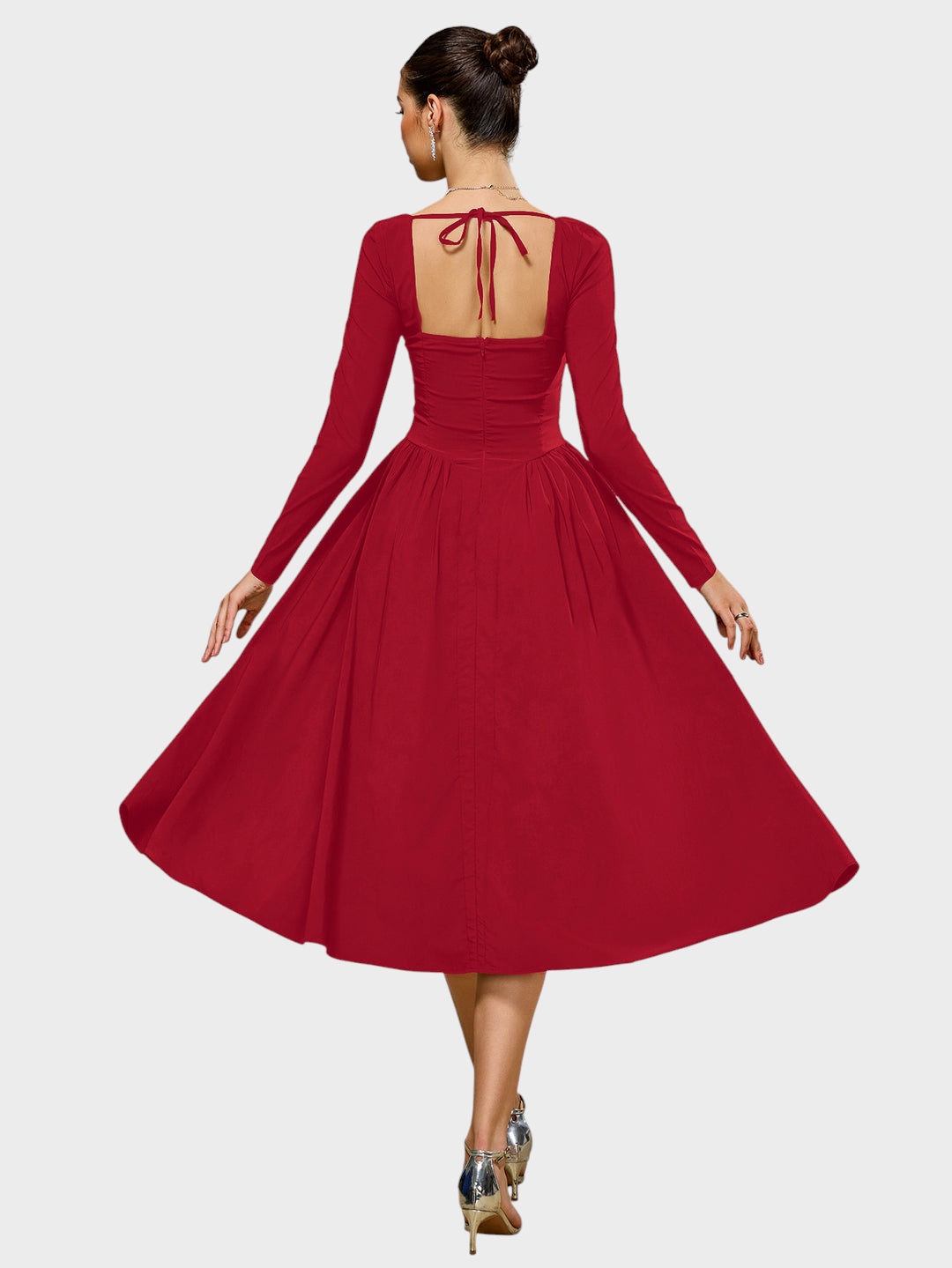 Robe midi trapèze pour femme à manches longues et encolure cœur