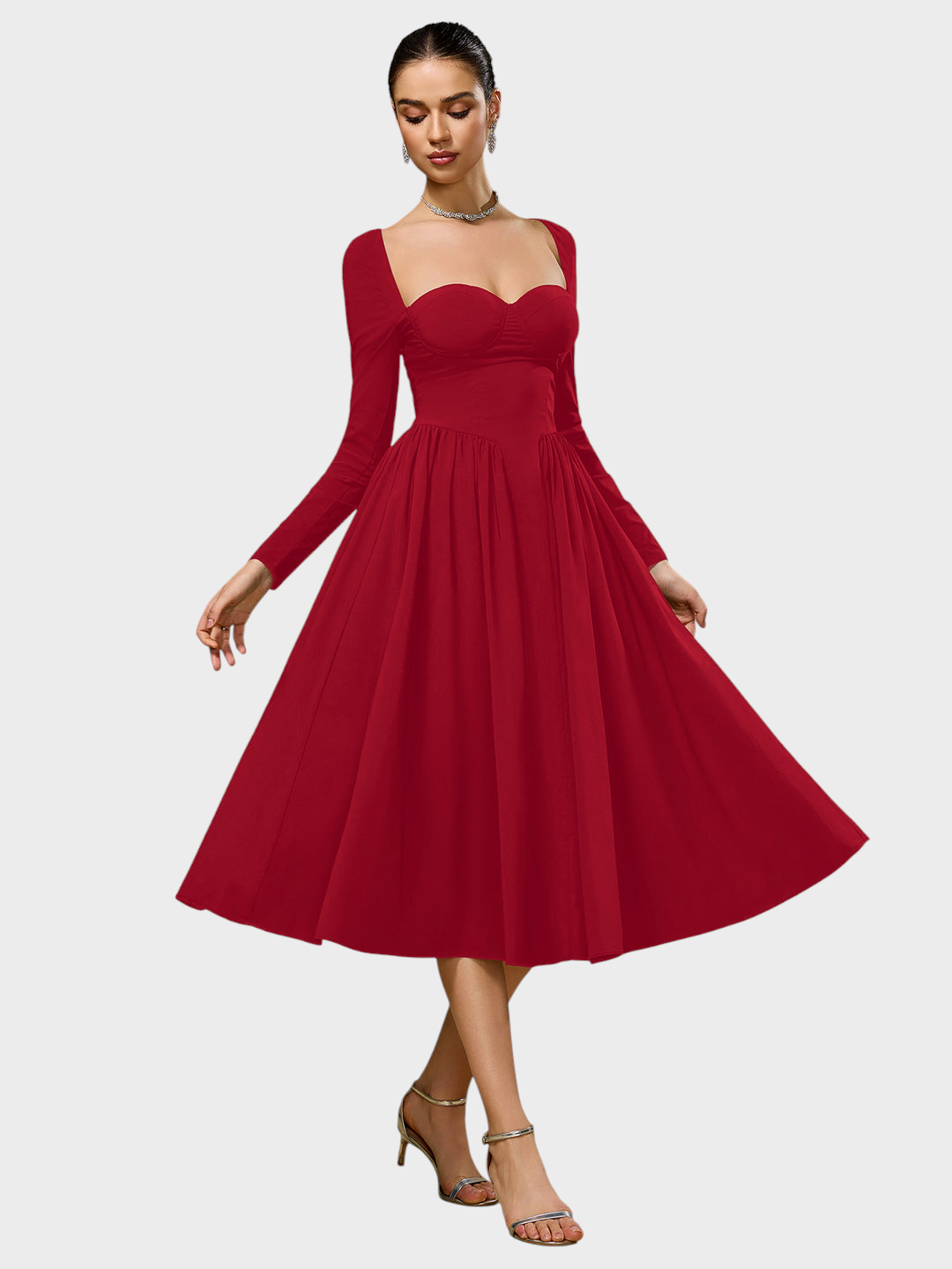 Robe midi trapèze pour femme à manches longues et encolure cœur