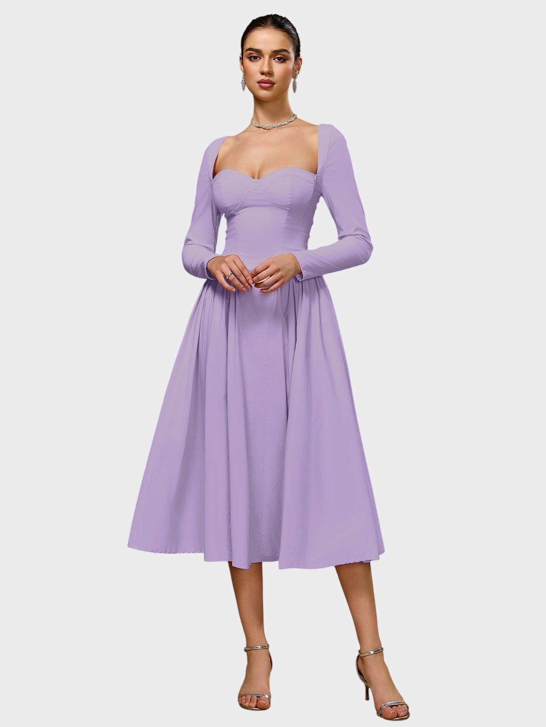 Robe midi trapèze pour femme à manches longues et encolure cœur